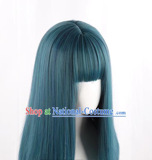 Wig For Women With Medium Long Straight Hair Fashionable Mixed Blue Clavicle Hair Full Headband Inner Buckle At The End Trendy Short Straight Hair