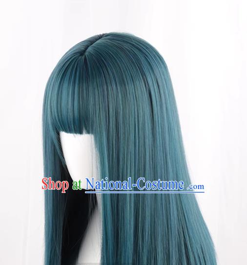 Wig For Women With Medium Long Straight Hair Fashionable Mixed Blue Clavicle Hair Full Headband Inner Buckle At The End Trendy Short Straight Hair