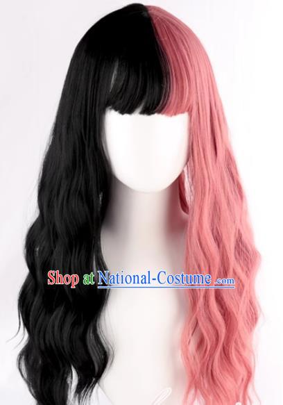 Double Color Black Pink Lolita Girl With Full Bangs Corn Perm Slightly Curly Long Hair Full Wig