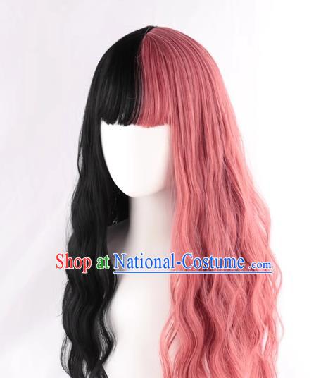 Double Color Black Pink Lolita Girl With Full Bangs Corn Perm Slightly Curly Long Hair Full Wig