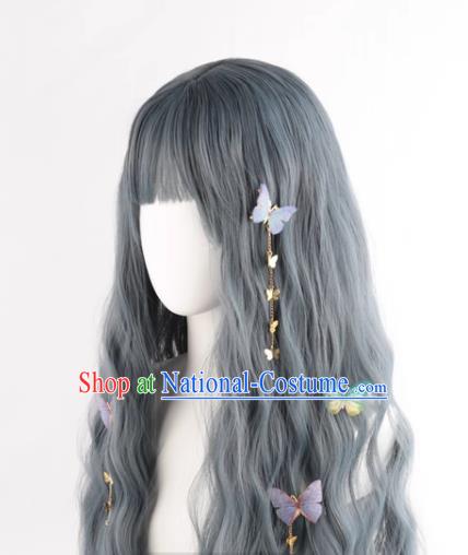 Haze Gray Blue Lo Girl Fake Hair Lolita Curly Hair Full Headset Wig Lolita Female Long Hair