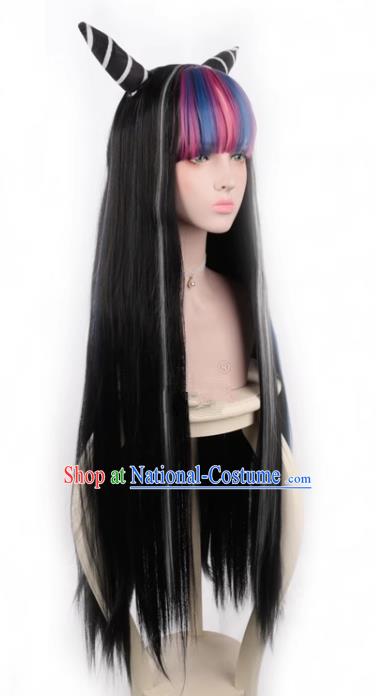 Dangan Ronbu Danganronpa Mita Yui Blows Horn Long Straight Hair Mixed Color Styling COS Wig