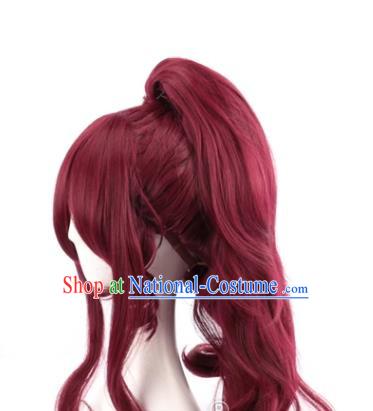 Dark Wine Red Long Curly Hair Single Ponytail Cos Wig