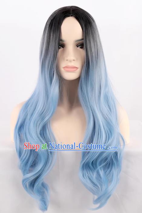 Black Gradient Ice Blue Middle Parted Women Fashion Long Curly Hair High Temperature Silk Prom Performance Full Wig