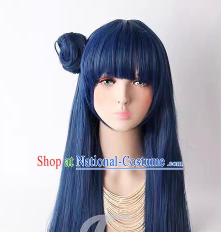 Lovelive ! Sunshine !! Yoshiko Tsushima Mixed Blue Long Straight Hair Hair Bag Cos Wig