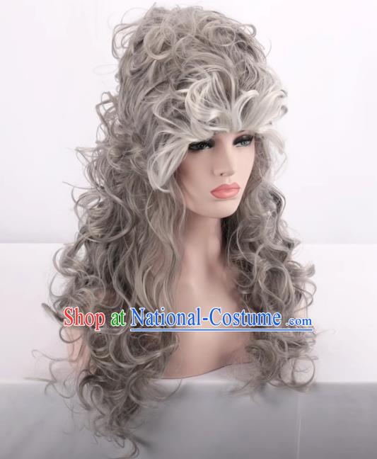 European And American Palace High Hat Style Mixed Gray Ladies Full Fake Hair Long Curly Hair Cosplay Wig