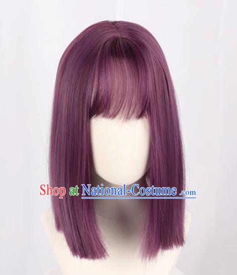 Purple Female Medium Length Straight Clavicle Hair Nakamura Yuri Angel Beats Full Cos Wig