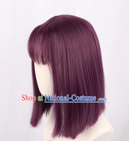 Purple Female Medium Length Straight Clavicle Hair Nakamura Yuri Angel Beats Full Cos Wig