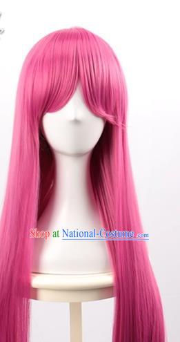 Rose Red 80CM Long Straight Hair With Oblique Bangs And High Temperature Silk Women Nightclub Fake Hair Cosplay Wig