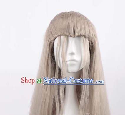 Linen Gray Men Long Curly Hair Cos Anime Wig