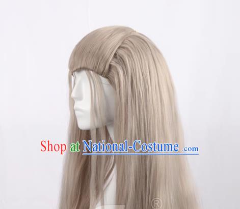 Linen Gray Men Long Curly Hair Cos Anime Wig