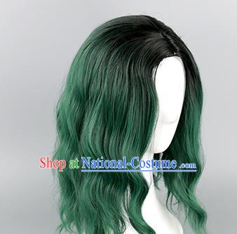 Black Gradient Dark Green Slightly Curly Face Shaping Short Hair Cosplay Wig