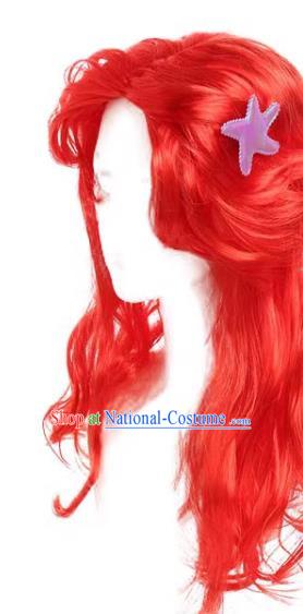 Stage Performance Mermaid Cos Wig Girl Kindergarten Material Children Red Wavy Hair Wig Headgear