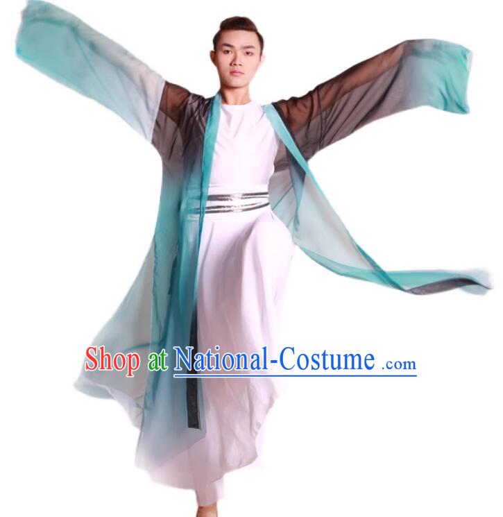 China Han Tang Dance Outfit Classical Dance Costume Stage Performance Clothing Green Outer Garment and White Robe