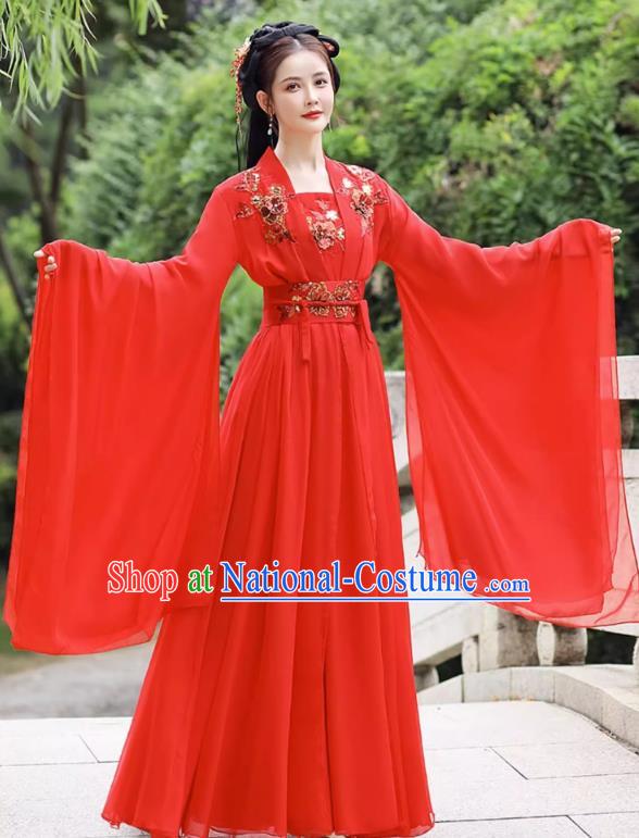 China Red Wide Sleeve Flow Fairy Dress Ancient Princess Costume Traditional Hanfu Classical Dance Clothing