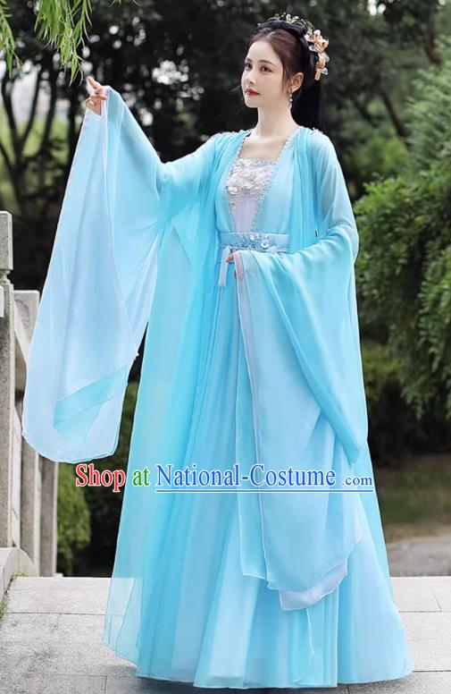 China Traditional Hanfu Classical Dance Clothing Blue Wide Sleeve Flow Fairy Dress Ancient Goddess Chang E Costume