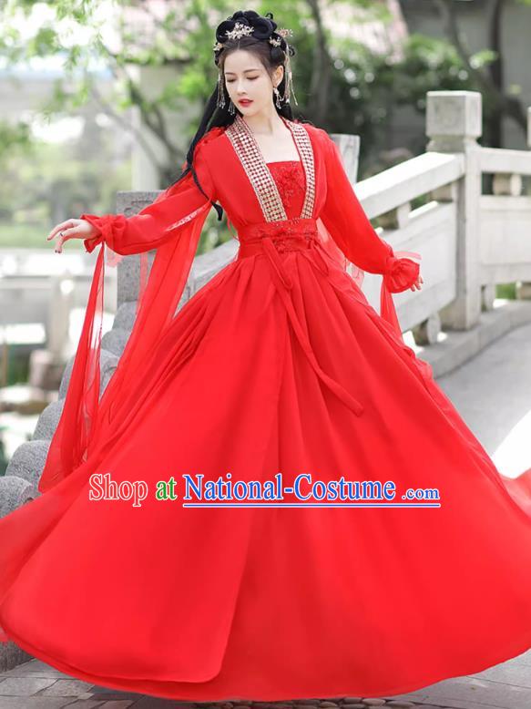 China Fairy Red Dress Ancient Goddess Costume Traditional Hanfu San Sheng San Shi Bai Fengjiu Clothing