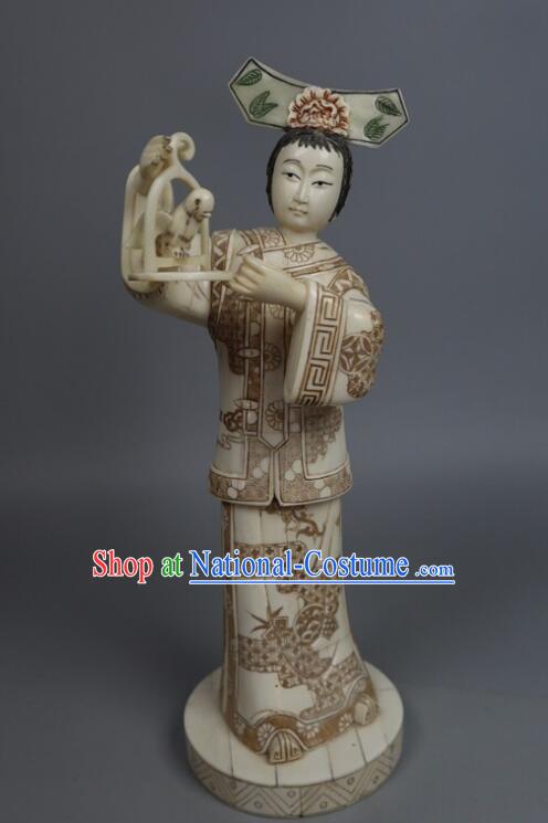 Chinese Handmade Ox Bone Handicraft Sculpture Qing Dynasty Palace Lady Statue