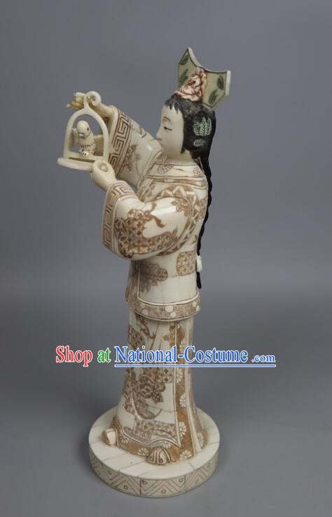 Chinese Handmade Ox Bone Handicraft Sculpture Qing Dynasty Palace Lady Statue