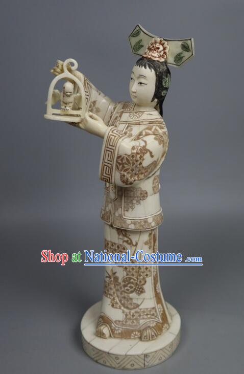 Chinese Handmade Ox Bone Handicraft Sculpture Qing Dynasty Palace Lady Statue