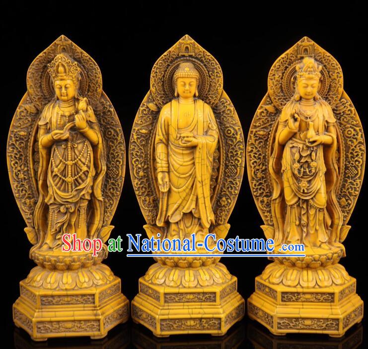 Chinese Ox Bone Carving Collections Handicraft Sculptures Handmade Western Three Buddha Statues