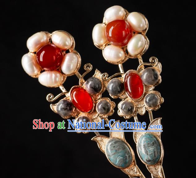 Ancient Empress Gems Hairpins Handmade Hanfu Hair Jewelries China Song Dynasty Pearl Hair Clips