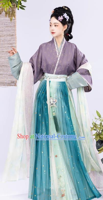 Ancient China Noble Mistress Clothing Traditional Female Hanfu Song Dynasty Purple Blouse Green Top and Skirt Complete Set