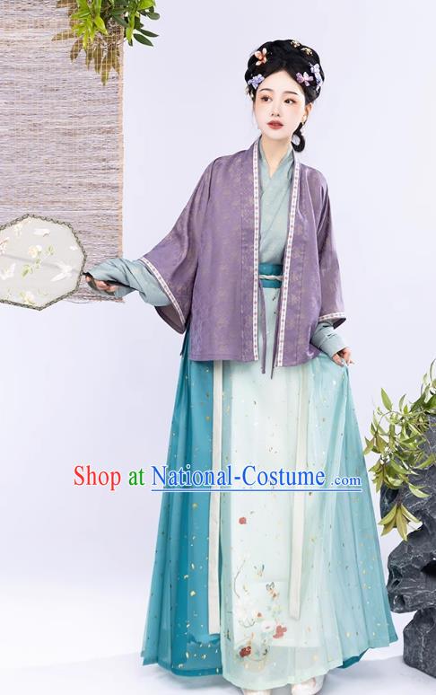 Ancient China Noble Mistress Clothing Traditional Feamle Hanfu Song Dynasty Purple Blouse Green Top and Skirt Complete Set