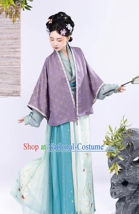 Ancient China Noble Mistress Clothing Traditional Feamle Hanfu Song Dynasty Purple Blouse Green Top and Skirt Complete Set