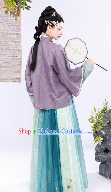 Ancient China Noble Mistress Clothing Traditional Feamle Hanfu Song Dynasty Purple Blouse Green Top and Skirt Complete Set