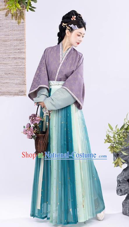 Ancient China Noble Mistress Clothing Traditional Feamle Hanfu Song Dynasty Purple Blouse Green Top and Skirt Complete Set