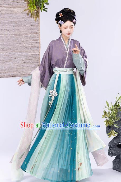 Ancient China Noble Mistress Clothing Traditional Feamle Hanfu Song Dynasty Purple Blouse Green Top and Skirt Complete Set