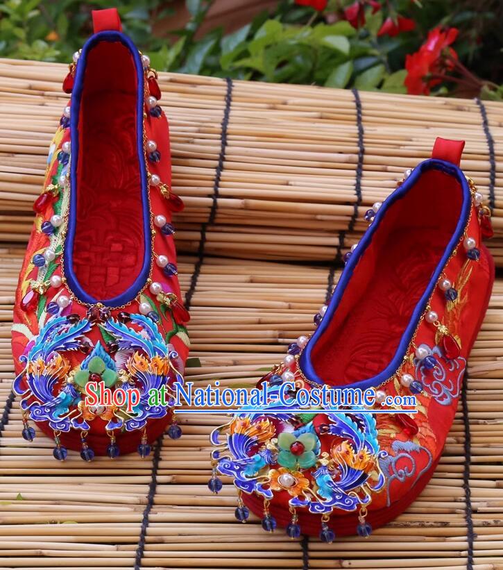 Handmade Red Satin Shoes Traditional Embroidered Phoenix Peony Shoes Top Wedding Shoes