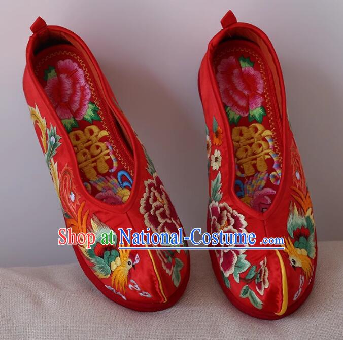 Traditional Embroidered Phoenix Peony Shoes Top Wedding Shoes Handmade Red Satin Shoes