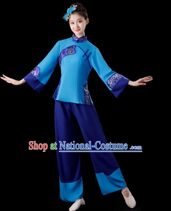 Traditional Yangko Dance Clothing Hakka Style Picking Tea Girl Performance Costume China Folk Dance Blue Outfit