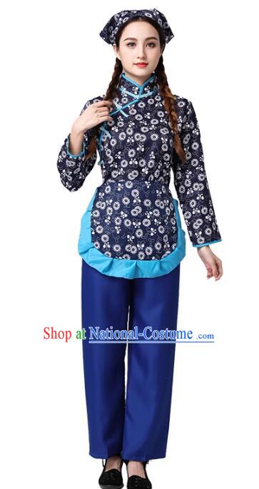 China Hakka Style Village Girl Costume  Folk Dance Blue Outfit Traditional Yangko Picking Tea Performance Clothing