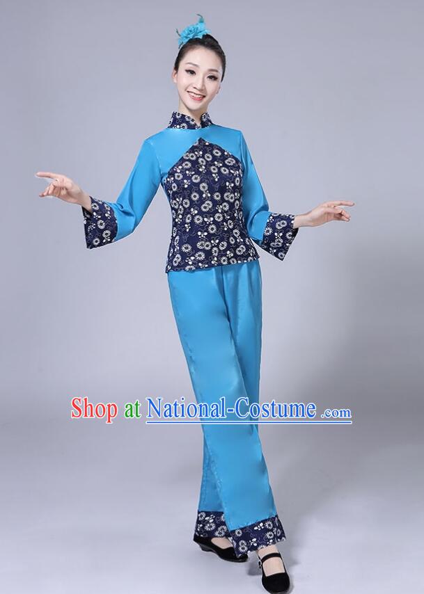 China Hakka Style Dance Costume Folk Dance Blue Outfit A Qing Sao Picking Tea Girl Clothing