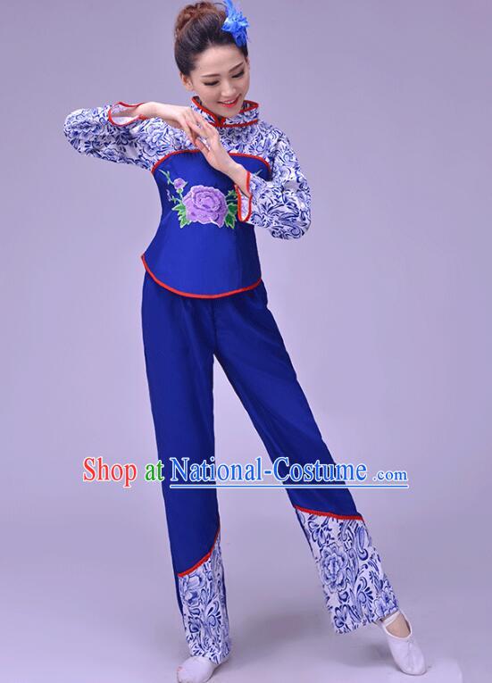 A Qing Sao Picking Tea Girl Clothing China Hakka Style Performance Costume Folk Dance Blue Outfit