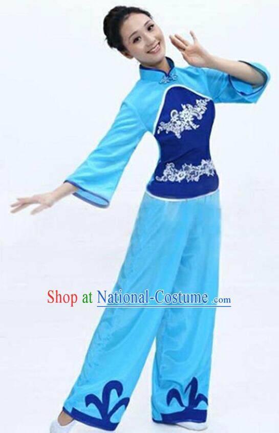 China Folk Dance Blue Outfit Yangko Dance Picking Tea Girl Clothing Hakka Style Performance Costume