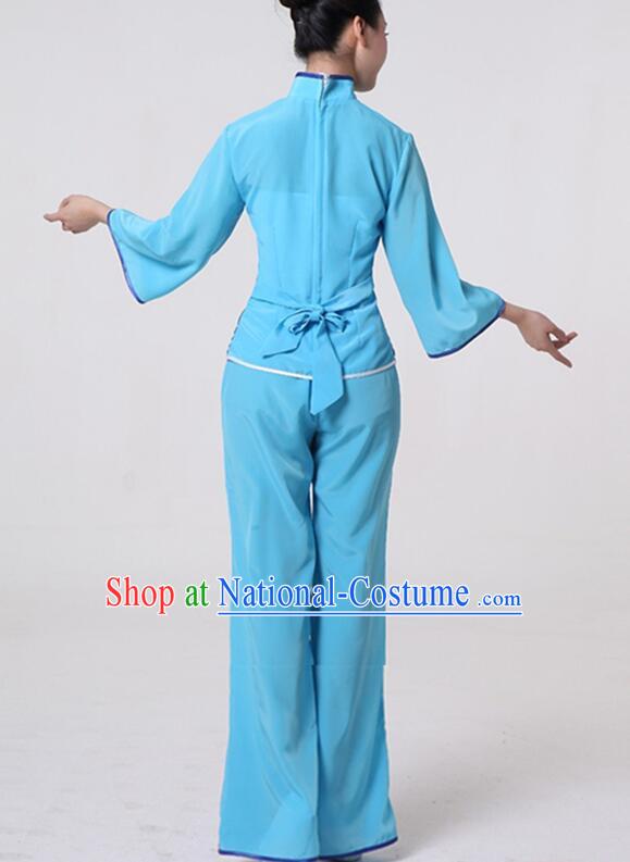 China Folk Dance Blue Outfit Yangko Dance Picking Tea Girl Clothing Hakka Style Performance Costume