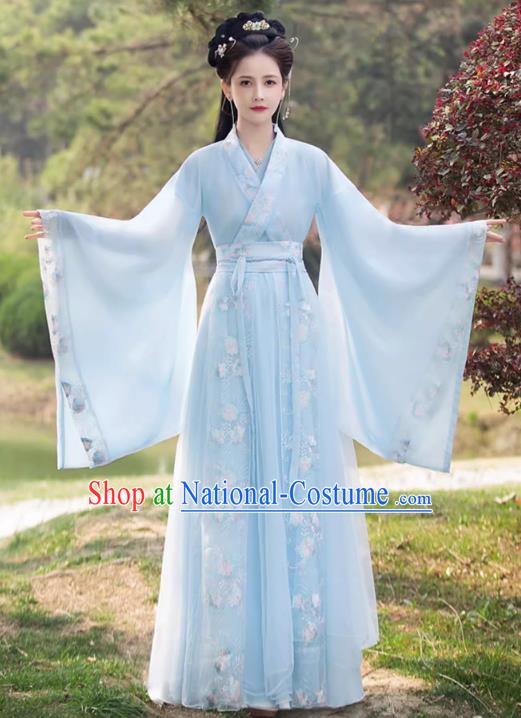 China Traditional Hanfu Princess Blue Dress Ancient Young Lady Clothing Song Dynasty Replicate Clothing