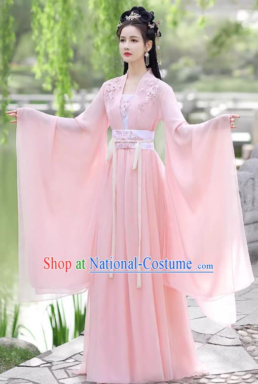 China Ancient Clothing Traditional Wide Sleeve Pink Hanfu Dress Tang Dynasty Princess Costume