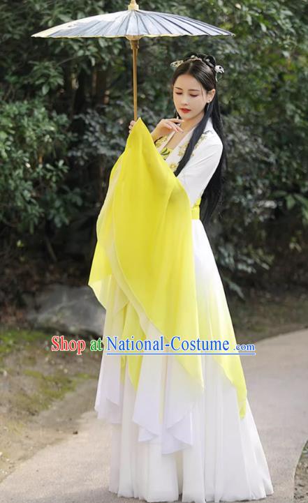 Female Hanfu Yellow Wide Sleeve Flow Fairy Dress China Jin Dynasty Costume Ancient Goddess Clothing