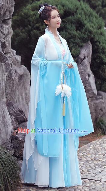 China Ancient Hanfu Classical Dance Clothing Light Blue Fairy Dress Song Dynasty Princess Costume