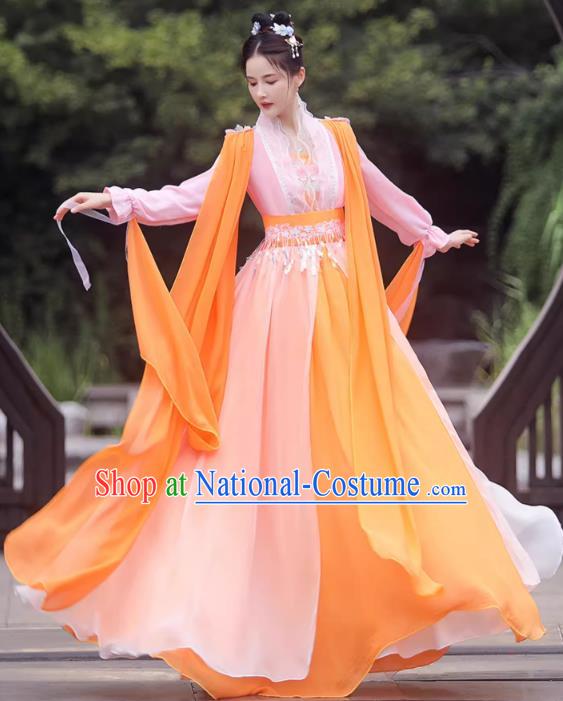 China Ancient Goddess Hanfu Classical Dance Clothing Orange Fairy Dress