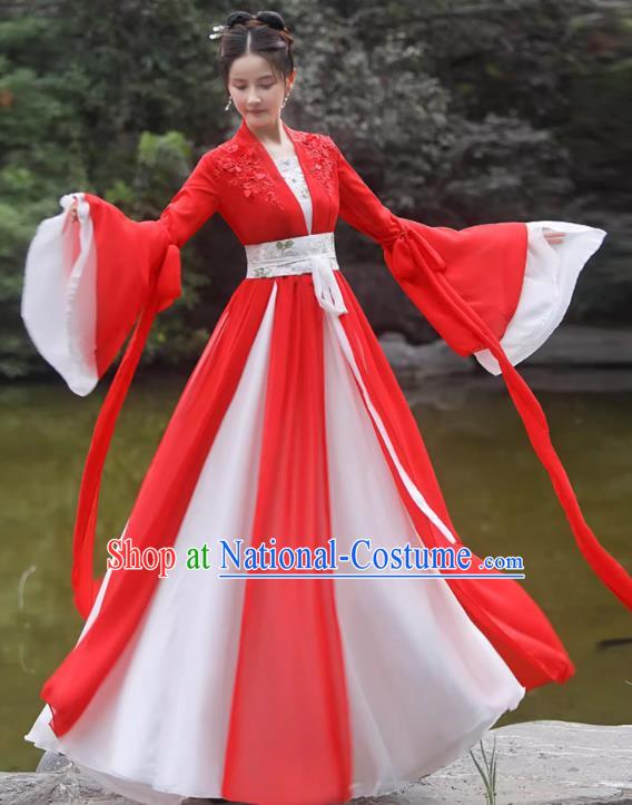 China Red Fairy Dress Ancient Wedding Hanfu Classical Dance Clothing Han Dynasty Princess Costume