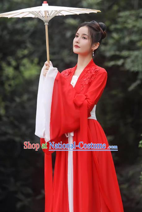 China Red Fairy Dress Ancient Wedding Hanfu Classical Dance Clothing Han Dynasty Princess Costume