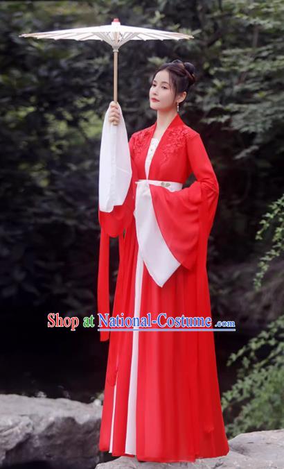 China Red Fairy Dress Ancient Wedding Hanfu Classical Dance Clothing Han Dynasty Princess Costume