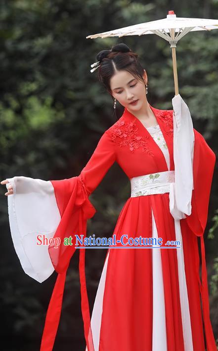 China Red Fairy Dress Ancient Wedding Hanfu Classical Dance Clothing Han Dynasty Princess Costume