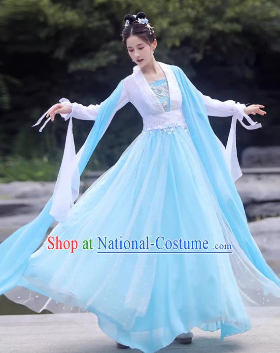 China Song Dynasty Princess Costume Blue Fairy Dress Ancient Hanfu Classical Dance Clothing